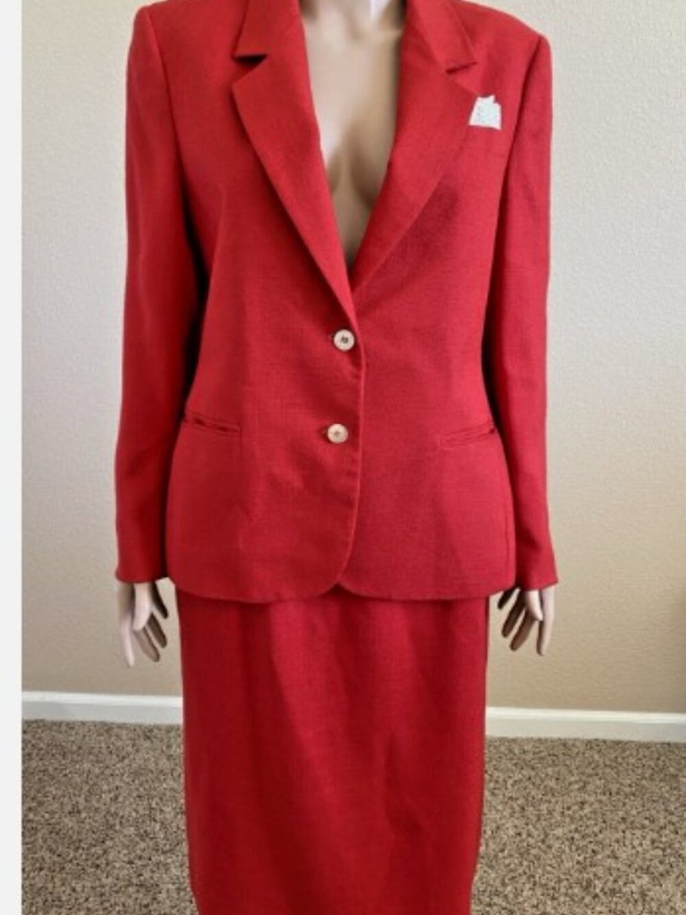 Vintage 80s SAVILLE Skirt Suit USA Red w/ Lace Pocket Square Size 14